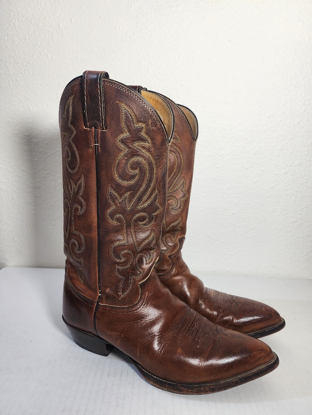 Justin Men Cowboy Western Boots 2252 Brown Leather Embroidered Pointed Toe 9 D